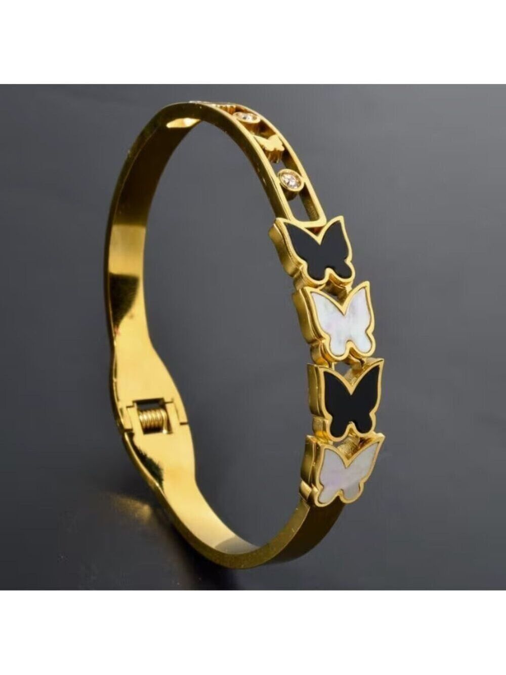 Exquisite Geometric Black and White Butterfly-Accented Stainless Steel Bracelet